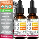 (2 opakowania) Organiczna witamina D3 K2 Krople 5000 IU z MCT Omega 3 - Maksymalna moc ciecz D3 bez wypełniaczy, nie- GMO dla szybszego wchłaniania, Wsparcie immunologiczne (Truskawka, 2 Fl Oz)
