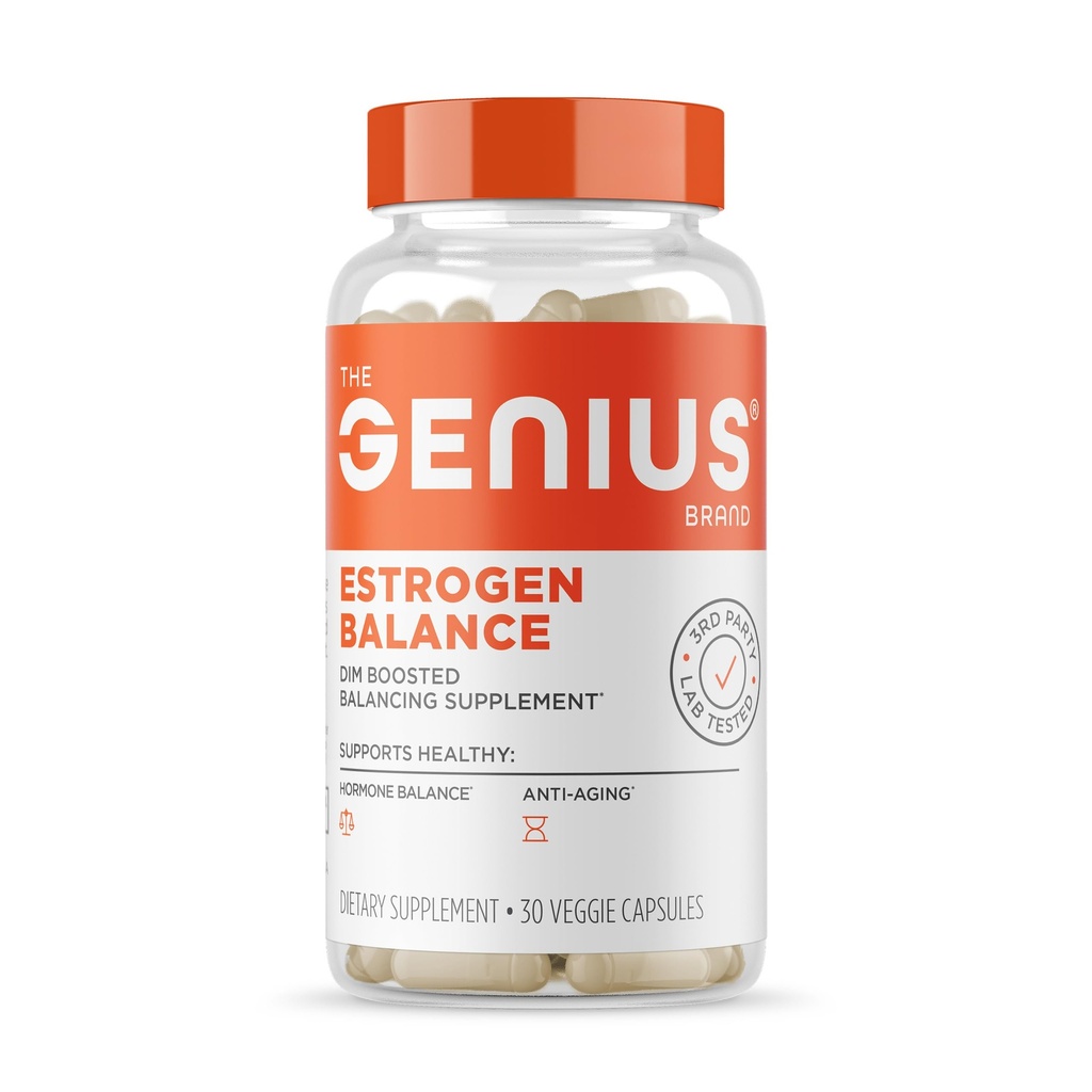 Genius Estrogen Balance, Dim Supplement - Blocker for Men & Women - Hormony, trądzik hormonalny i menopauza - Aromatase Inhibitor z ekstrakt z nasion winorośli i BioPerine - 30 Kapsułki