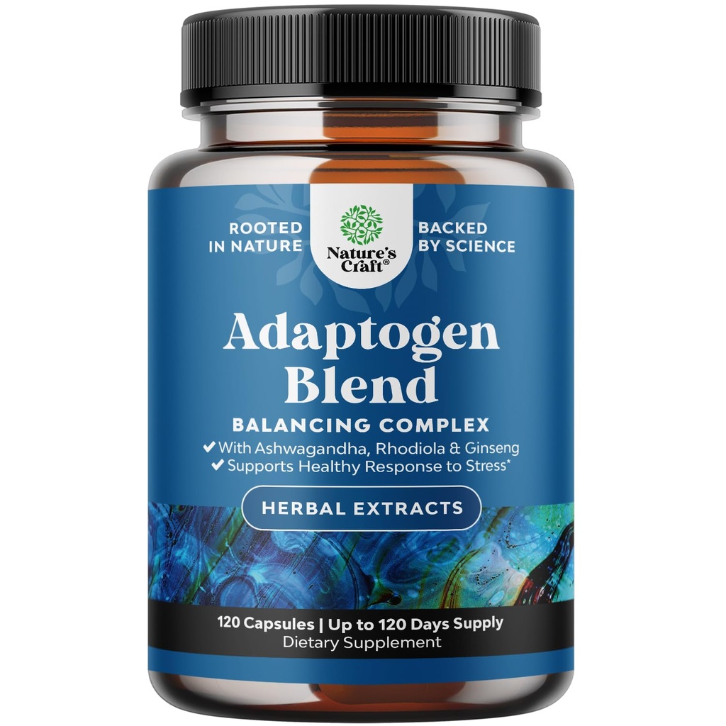 Herbal Adaptogen Mood Support Supplement - Calming Adaptogens Supplement for Stress & Cortisol Management with Ashwagandha Rhodiola Rosea & Maca Root - Vegan Non GMO & Daytime Friendly -120 Count