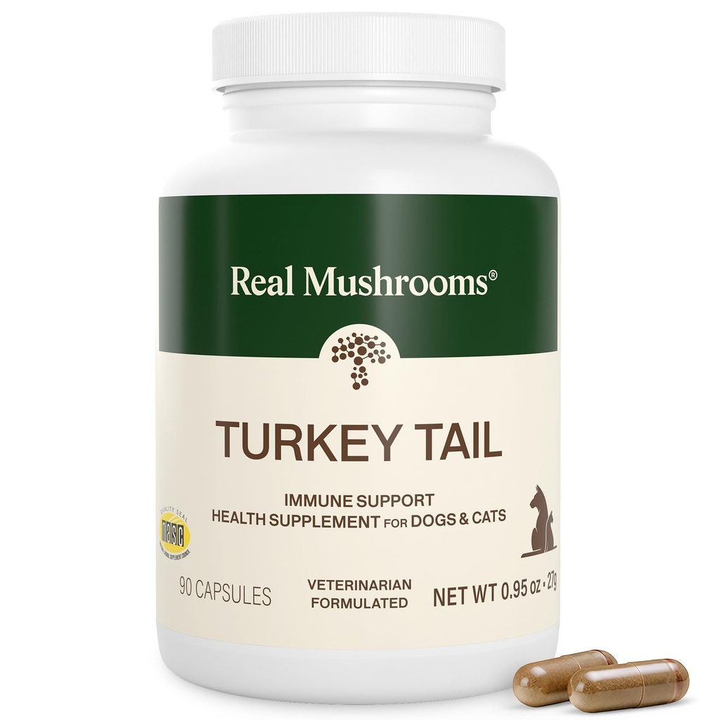 Real Mushrooms Turkey Tail Capsules for Pets –Cat Probiotics & Dog Vitamins – Organic Mushroom Supplement for Dogs & Cats – Supports Daily Balance & Well-Being Non-GMO, 90 ct