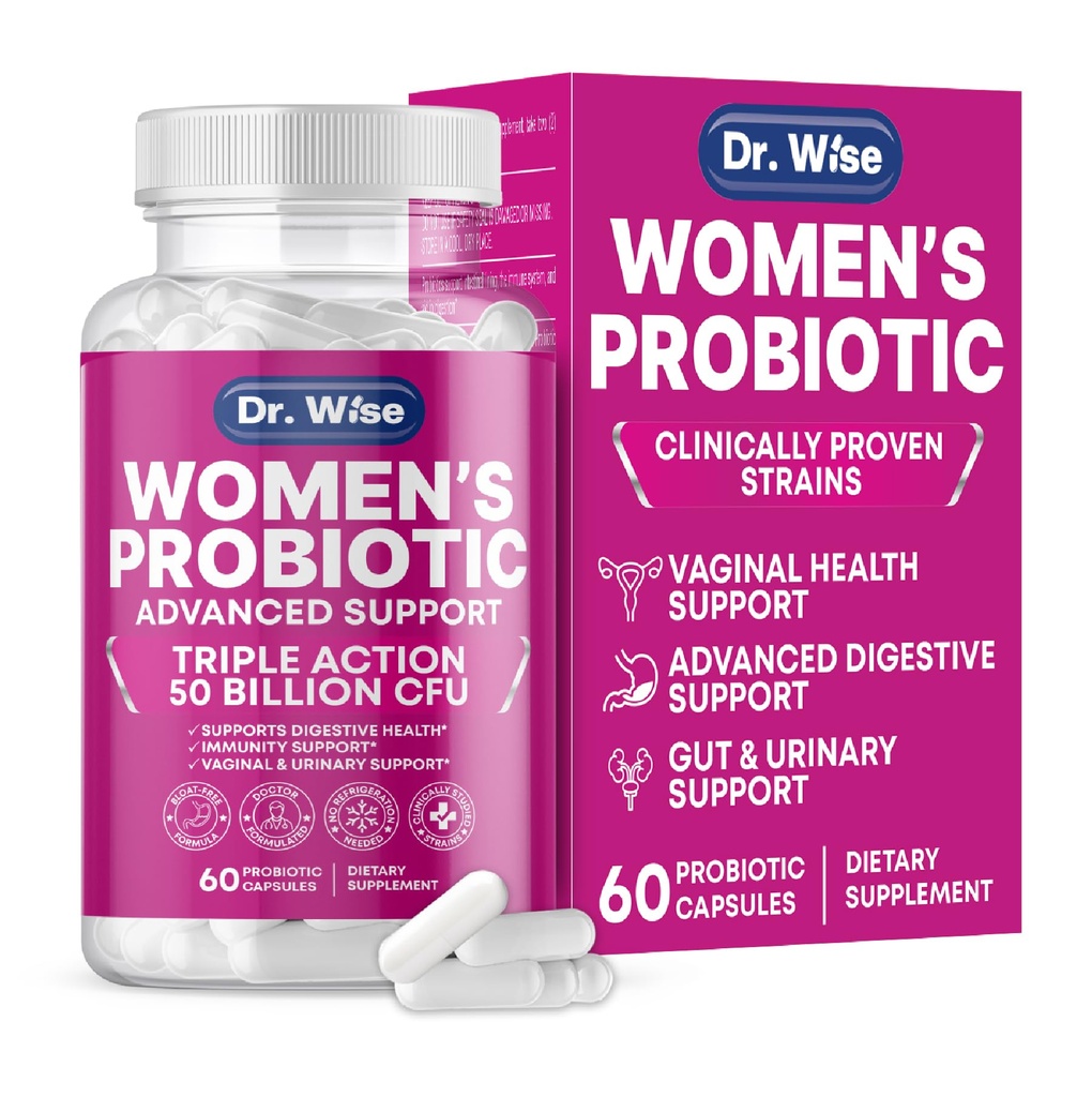 Kobiece Probiotyczne 50 Miliard CFU - Wspiera trawienie, Bloating Relief, Waginalny zapach & pH Równowaga - Trakt moczowy & Gut Zdrowie - Klinicznie przebadane szczepy - Non-GMO, 60 Kapsułki