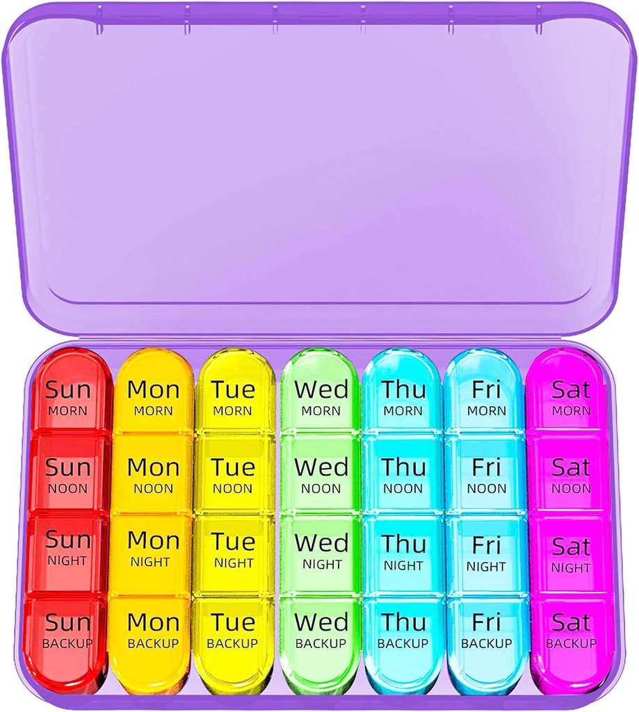 Odaro Cotygodniowy Pill Organizator 4 razy dziennie, Codzienne Pill Box 7 dzień, Duży Pill Travel Case z 28 Komory do trzymania medycyny, Witamina i suplement - Purpurowy Case