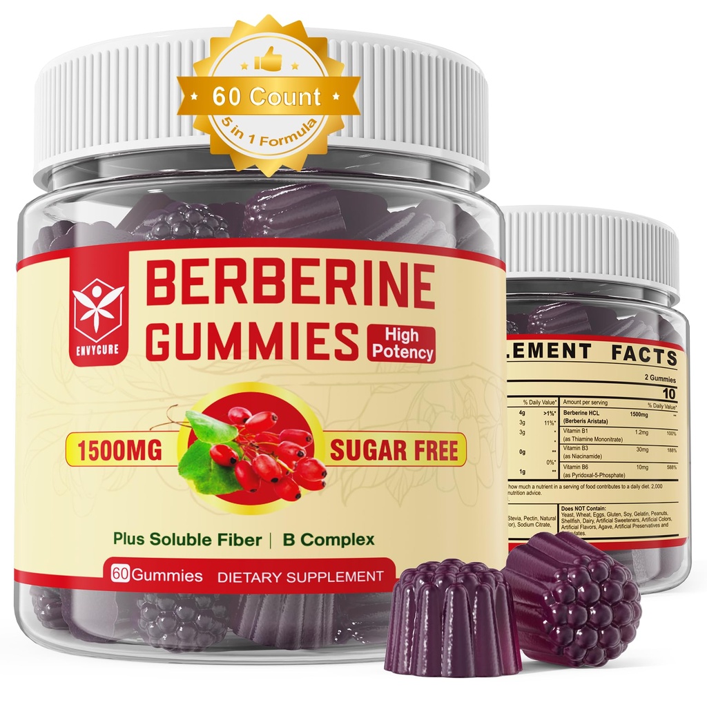 Berberine Supplement 1500mg with Soluble Fiber, B1, B3 & B6, Sugar Free Berberine HCL Gummies, High Biodostępność AMPK Activitor for Mętâbõlism Balanced, Daily Digestive & Body Mânâgęmęnt, 60 Cts