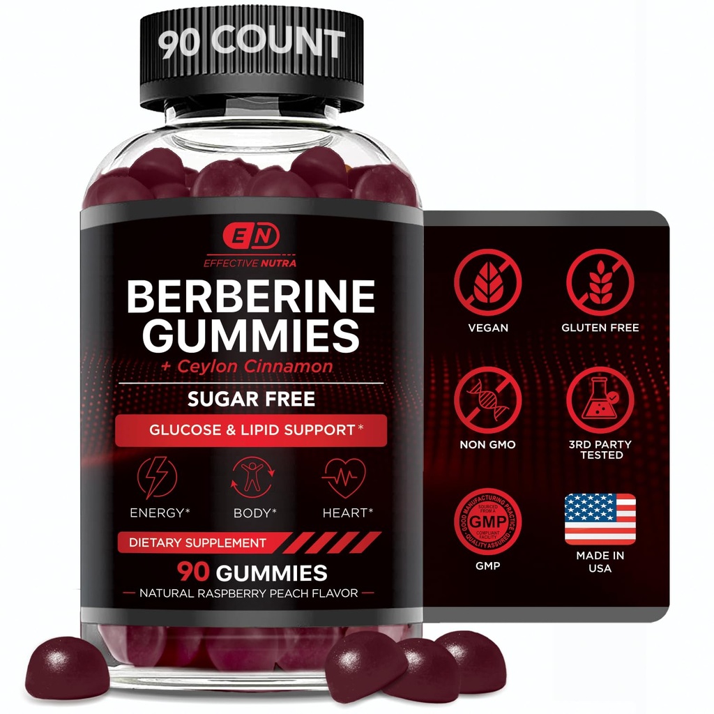 SKUTECZNE Gummeje NUTRA Berberine z Ceylon Cynamon 124; Suplement wolny od cukru 1200mg dla wsparcia cukru krwi, Heart Health, Energy 124; 45- Day Supply, Natural Berry Flavor, Made in USA (90 Hrabia)