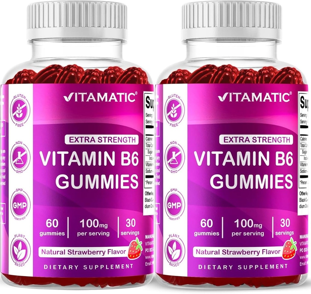 Vitamatic 2 Opakowania Witamina B6 100mg Gummies - Naturalny aromat truskawkowy - 60 Pectin- Based Gummies na butelkę - System nerwowy i wsparcie energetyczne