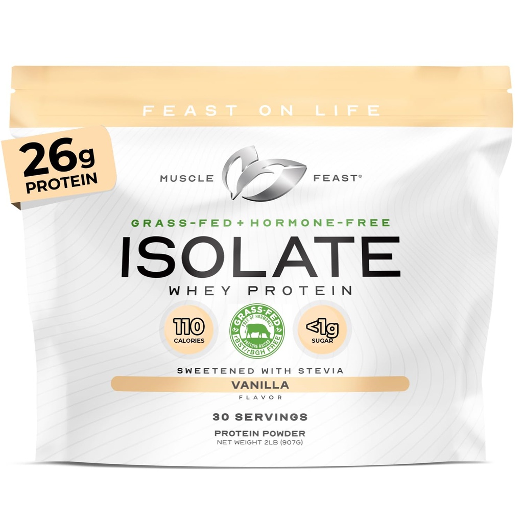Muscle Feast Grass- Fed Isolate białka serwatki, Wszystkie naturalne hormon wolne pastura wzrosła, serwatka Isolate Protein Proszek dla mężczyzn i kobiet, Czysty, Bezgluten-, Pyszne Isolate Protein - Vanilla, 2lb