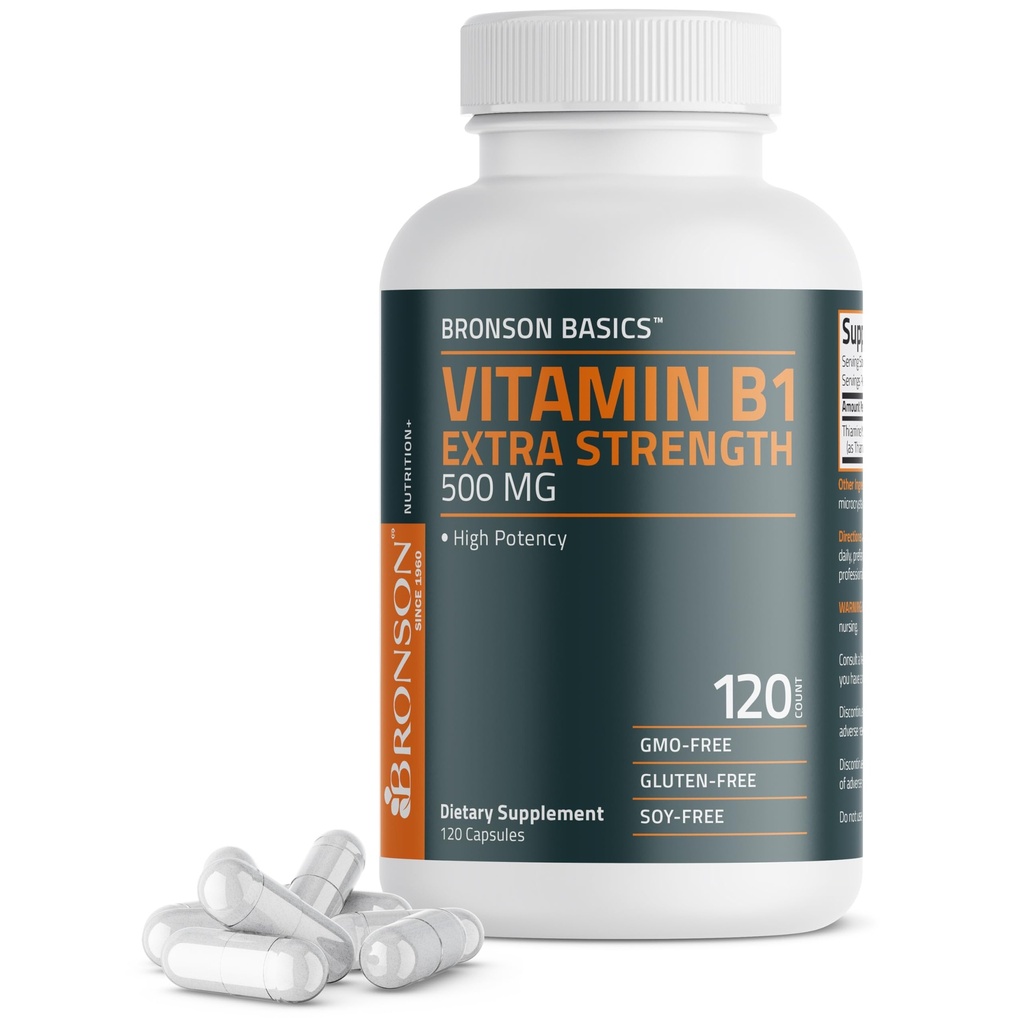 Bronson Witamina B1 Dodatkowa siła 500 MG Wysoka moc Non-GMO, 120 Kapsułki