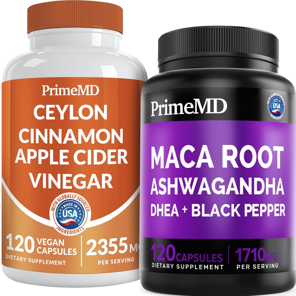 5- in-1 Ceylon Cynamon w Jabłku Cydr Ocet, Turmeric, & Ginseng Root (120ct) & 6- in-1 Maca Root Ashwagandha w DHEA & Black Pepper Fruit (120ct) Bundle - Energia, nastroje i suplement wsparcia immunologicznego