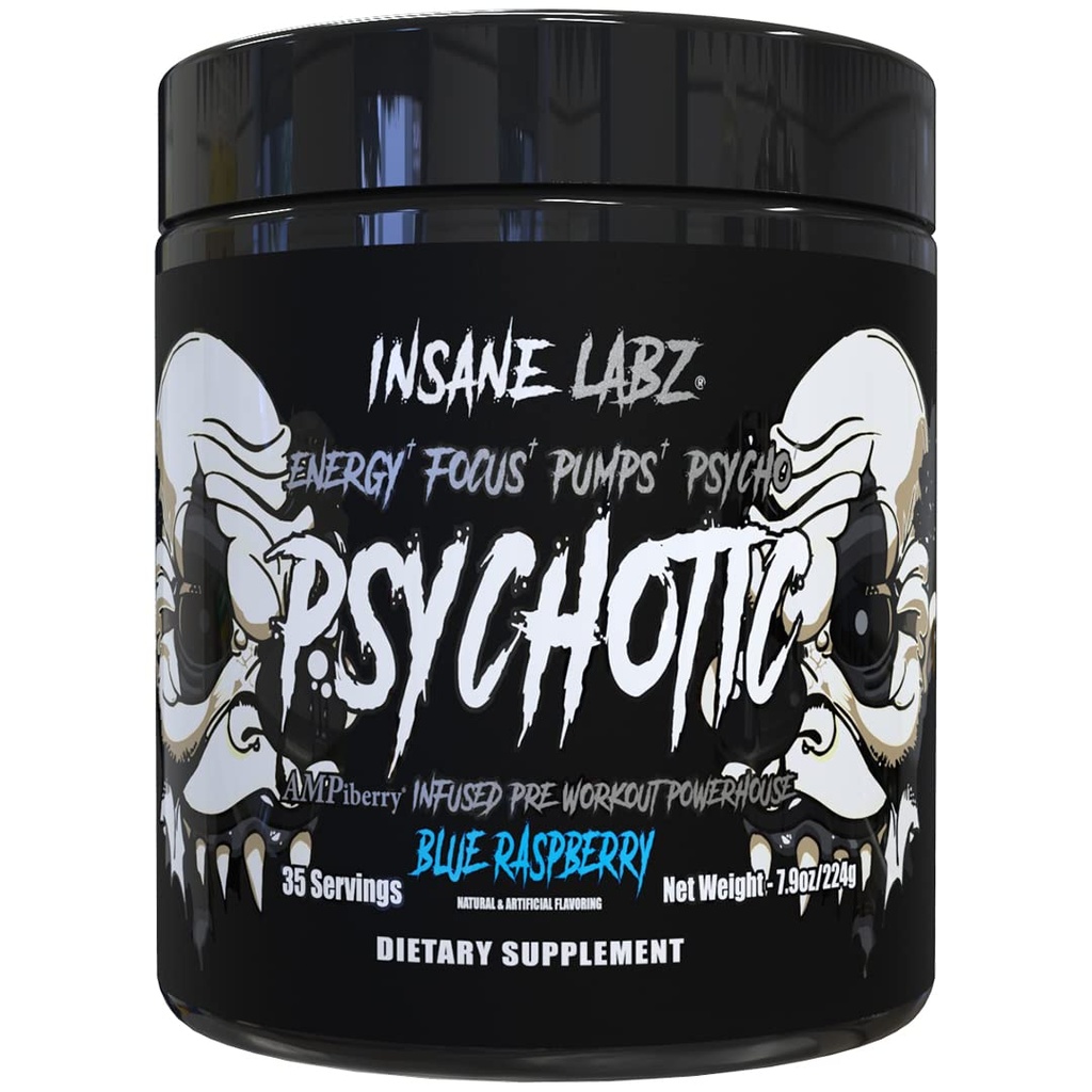 Szalony Labz Psychotic Black Edition Mid Stymulant pre Workout Powder, Energy Focus Pompy, Załadowany z Creative Beta Alanine Tauryne Napędzany przez AMPiberry, 35 Sług (Blue Malina)