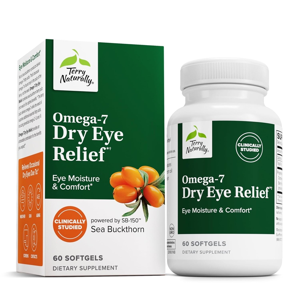Terry Natural Omega- 7 Sucha ulga dla oczu - Suplement do oczu z Sea Buckthorn Oil - Suplement diety do pomocy suchej ulgi dla oczu - 60 Softgels