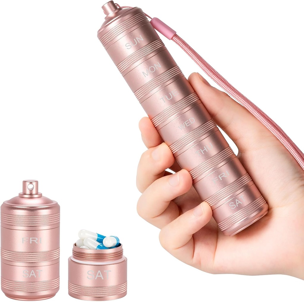 Przenośny Metal Pill Medicinizer Organizator - Wodoodporny Pill Case Compact Travel Pill Box Combly Aluminium Alloy Container, 7 Daily Daily Pill Organizer Holder for Small Pills, Pink S