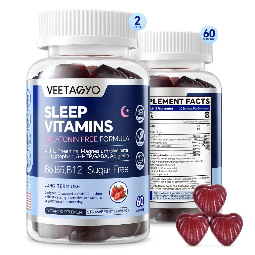 Melatonina Free 5- HTP GABA Suplement Gumumie dla dorosłych i dzieci 12 + z L- Theanine, Glycinate magnezu, L- Tryptofan, Apigenin - Bez cukru, Flavor truskawka, Wegan, 120 Hrabia