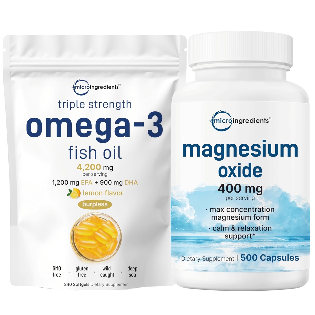 Micro Ingredients Omega-3 Fish Oil 4,200mg & Magnezu Oxide 400mg Pack Bundle 124; Wild- Caught Fish, Lemon Flavored, Burless Detail 124; Forma elementarna dla Max Concentration