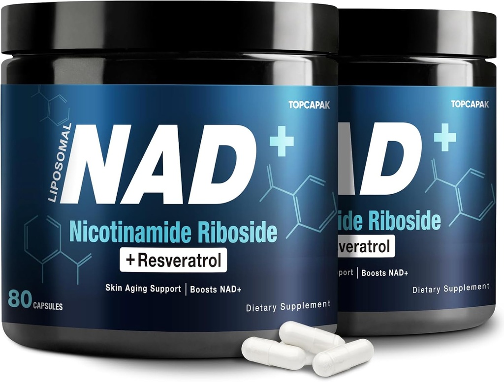 NAD + Suplement 1000mg - Nikotynamid Ribozyd (NR) i Resveratrol, Liposomal NAD czystych składników organicznych dla kobiet i mężczyzn Zdrowe Starsze, Mózg i Energia komórkowa, 80 Kapsułki (2Pcs)