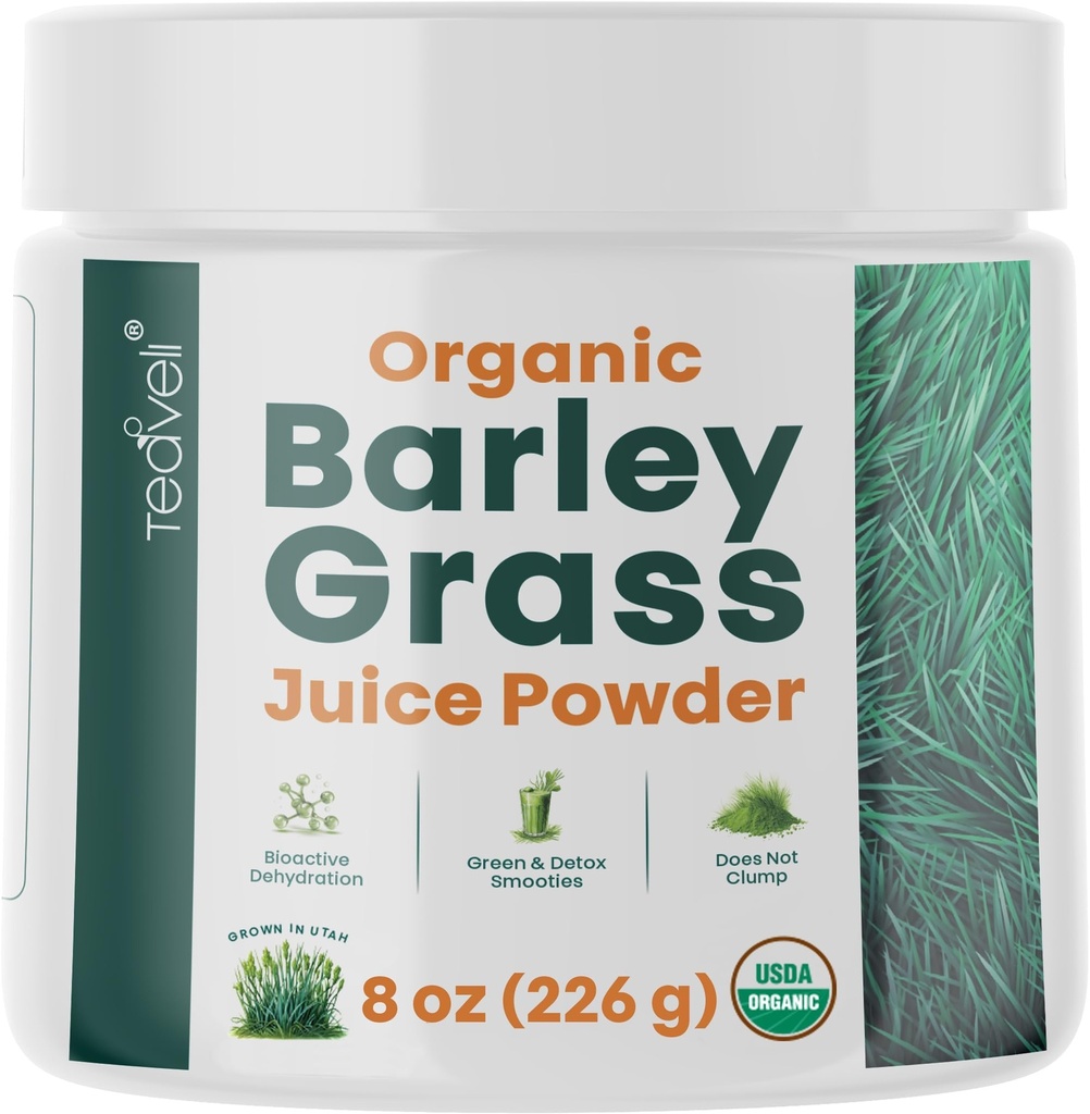 Teaveli Organic Barley Grass Juice Powder - Raw, Utah Grown Barley Grass Juice Extract for Detox- Complements Wheatgrass Juice - Made in USA Without gluten, Additives or Preservaties - 8 oz (226 Grams)