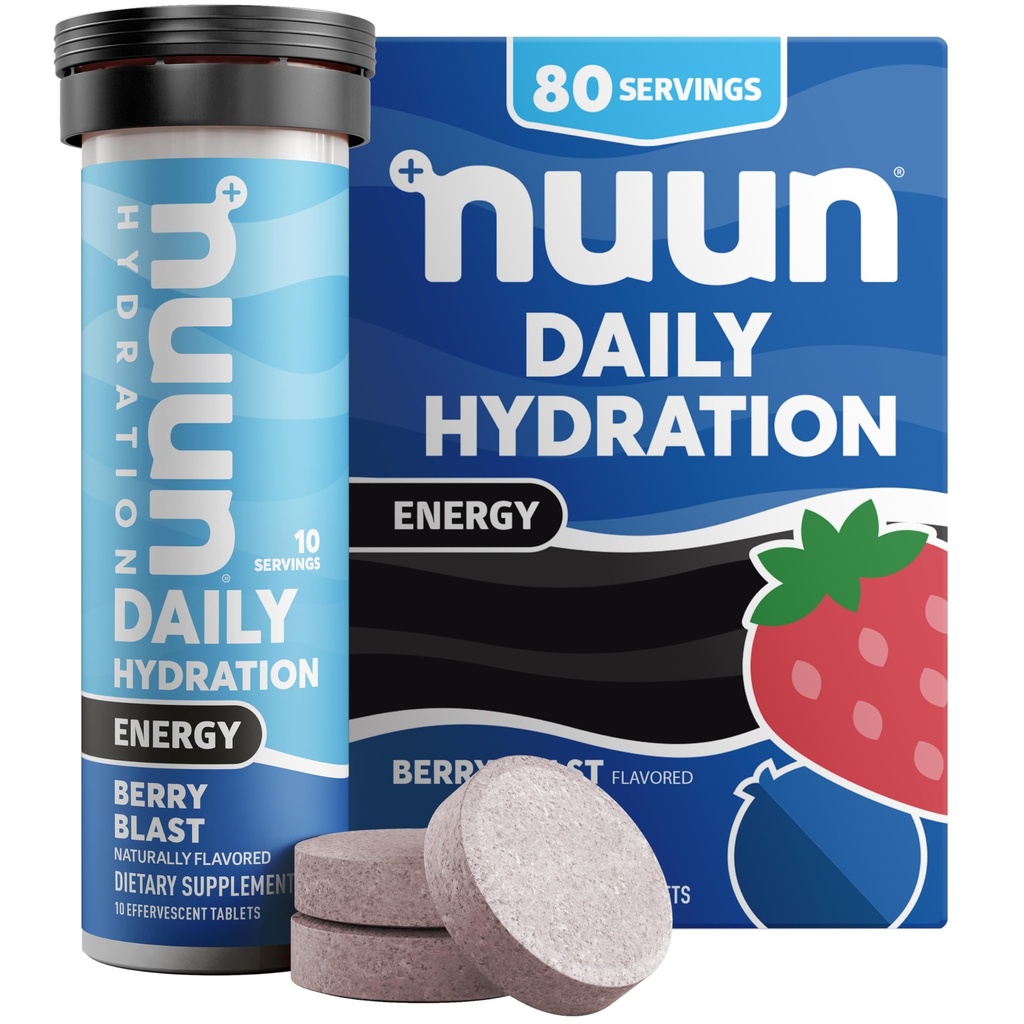 Nuun Energy Electrolyte Tablets with Ginseng, Kofeina z Green Tea Extract, Witamina B12, B6, B5, Magnez i 4 Inne Electrolytes, Gluten Free & Vegan, Berry Blast, 8 Pack (80 Sług ogółem)