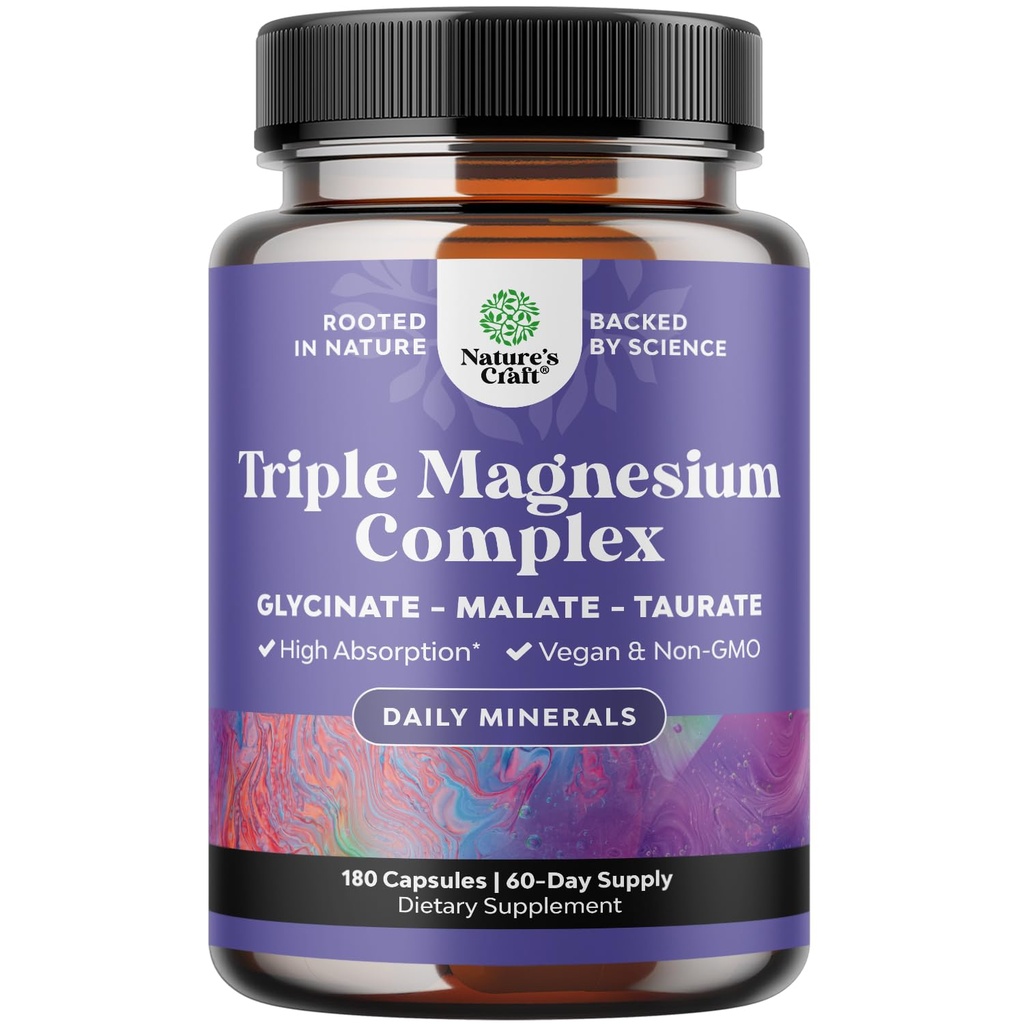 Triple Magnezu Complex Supplement - Wysoka Absorpcja Magnezu Glicynian, Malate & Taurate Mieszanka dla Mięśnie Wsparcie Energetyki i Zdrowia Serca - Triple Mg Complex 400 mg Kapsułki - 180 Liczba