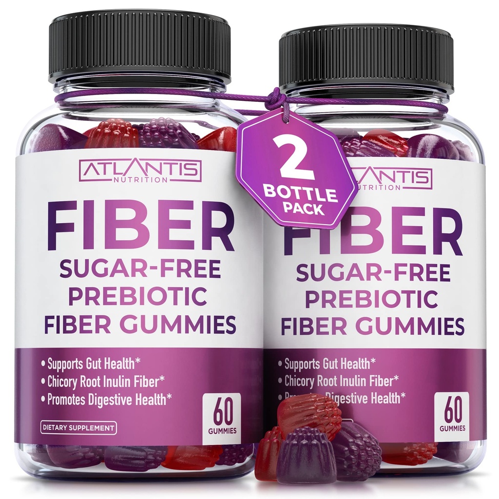 Atlantis Nutrition Sugar Free Fiber Gummies dla dorosłych - 5G Fiber Supplement Spreparowany z 5,4G Prebiotic Digestive Blend - Wspiera Gut Health & Promotes Zdrowa trawienie - 2- Pack 120 Gummies