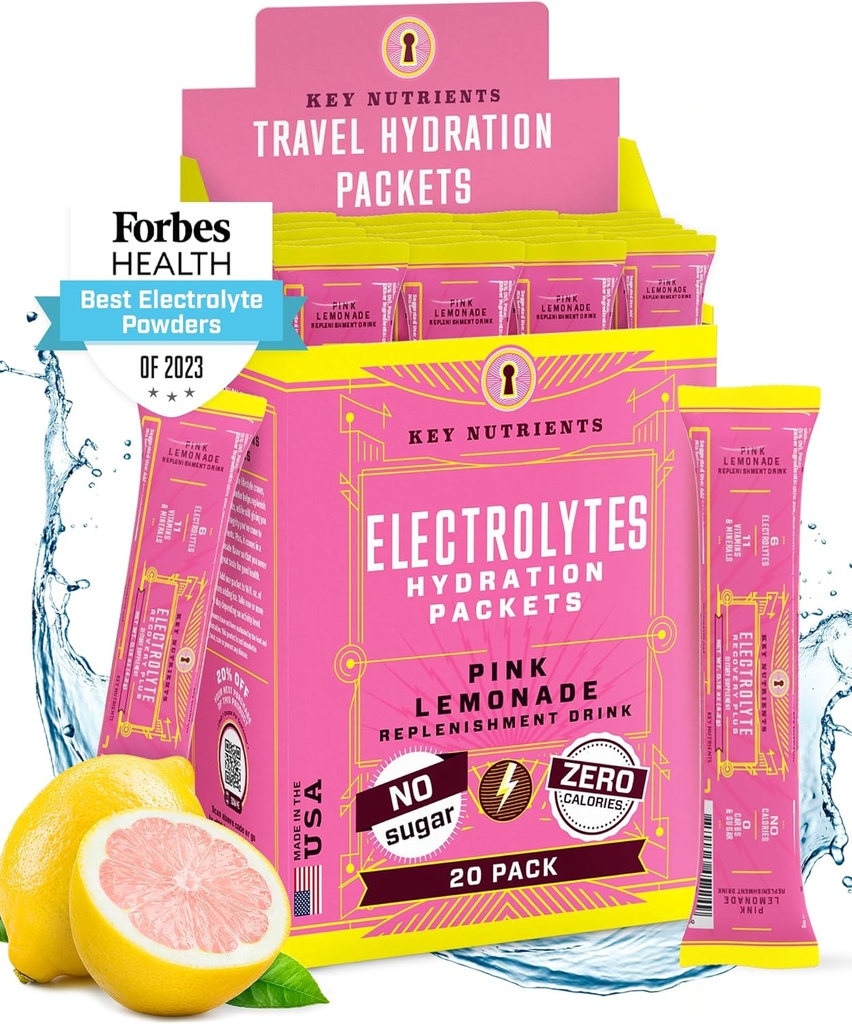 KEY NUTRIENTS Electrolytes Powder Packets - Fresh Pink Lemonade 18 Pack Hydration Packets - Travel Hydration Powder - No Sugar, No Calories, Gluten Free - Made in USA