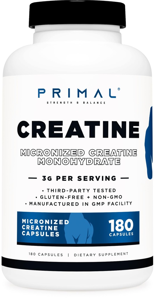 Monowodny pierwotny Kreator (3000 Mg, 180 Czapek) - Mikronizowany Suplement Kreatywny, 750mg na kapsułkę, Doskonały do przygotowania i odzysku - Bezglutenowy, Non-GMO
