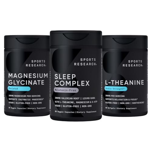 Sports Research Double Strength L- Theanine Supplement Softgels for Focus & Relaxation, Magnezu Glycinate for Resteful Sleep & Enzymatic Processes + Sleep Complex Melatonin - wolne kapsułki wegańskie