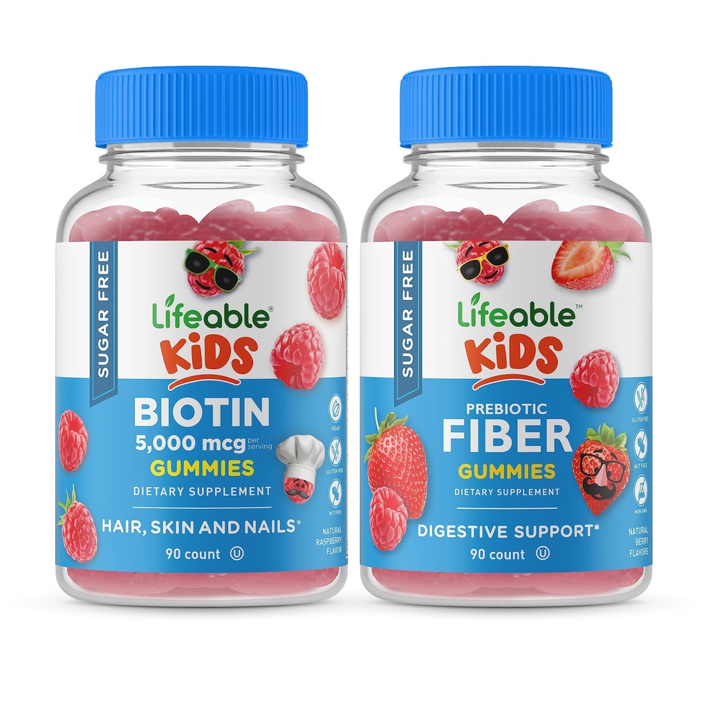 Żywotny Sugar Free Biotin Kids + Preciotic Fiber Kids, Gummies Bundle - Great Desting, Suplement witaminy, Gluten Free, GMO Free, Gummy do żucia