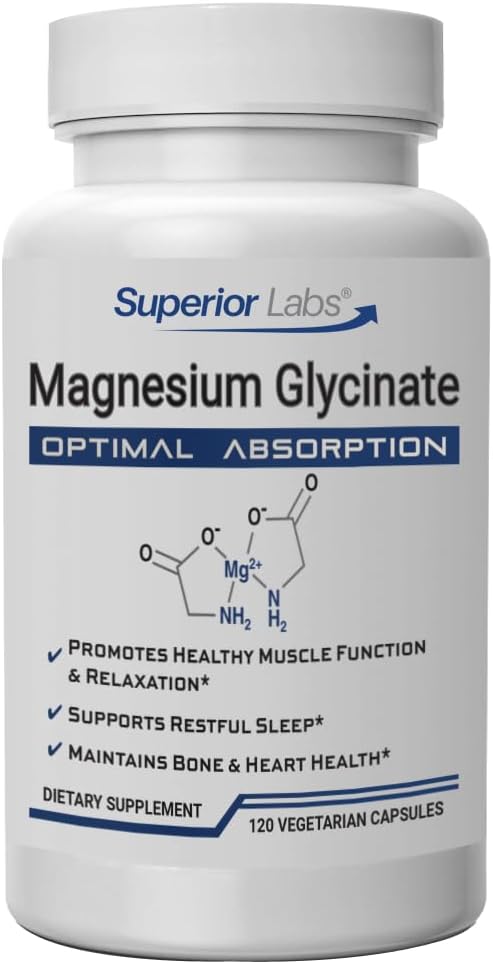 Superior Labs Magnezu Glicynian 1250 mg, Wysoka Wchłanianie, Czysty Non-GMO, Wspomaga jakość snu, Łagodzi skurcze mięśni, Bone & Heart Health, 120 Czapki Veg