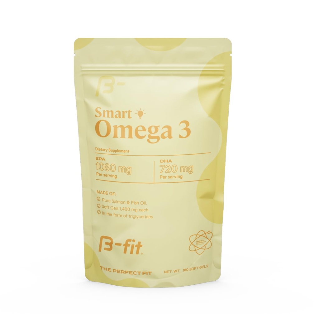 B- FIT Omega 3 Fish Oil - High Potency Patented Formula - 1800 mg z 1080 mg EPA & 720 mg DHA - 180 Softgeli bezogonowych z norweskiego łososia - 60- Day Supply - Heart, Mózg & Joint Support