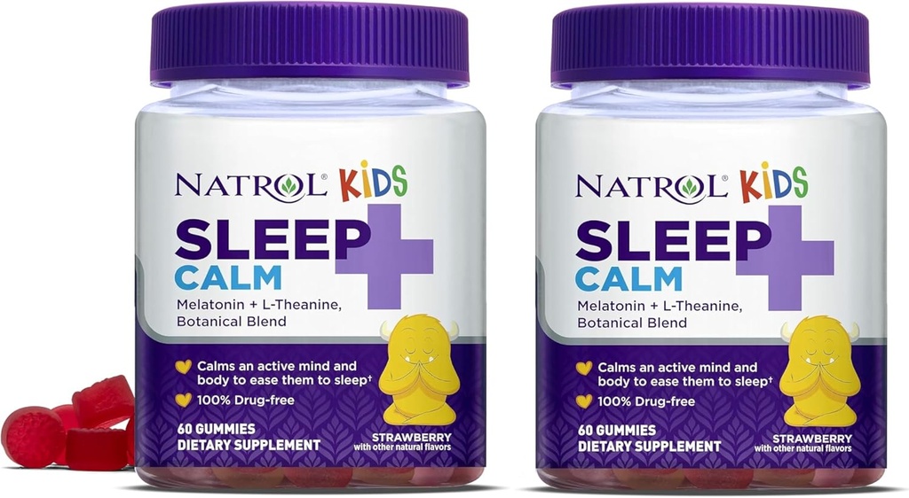 Natrol Kids Sleep + Spokój, Melatonina i L- Theanine, Gummies pomocy snu z mieszankami botanicznymi, 100% bez narkotyków, 60 Hrabia (Opakowanie 2)