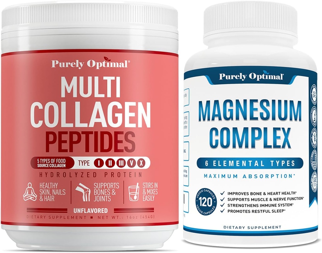 Precyzyjnie optymalne Premium Multi Collagen Powder + Premium Magnezu Complex - Cytrynian magnezu, jabłczan, Relaks mięśniowy - 120 kapsli