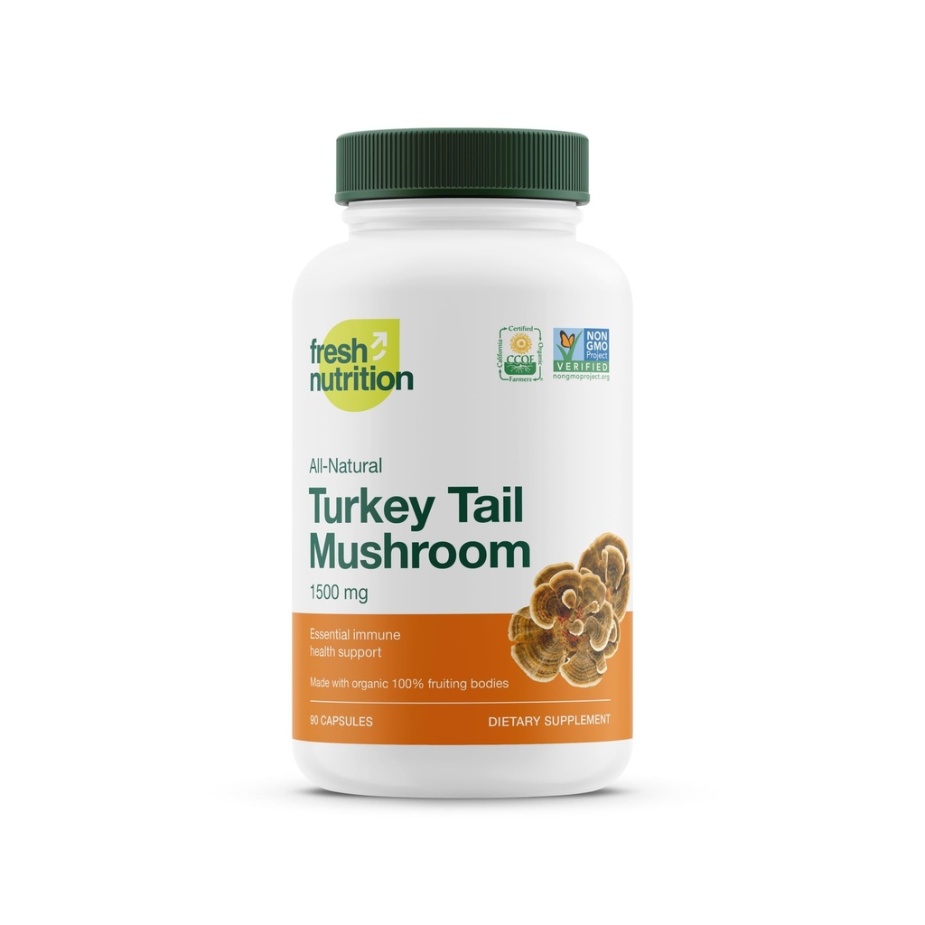Fresh Nutrition Organic Turkey Tail Mushroom Extract Supplement - Wysoka w Beta Glucans - Non-GMO, Vegan Friendly, Gluten- Free - 90 Kapsułki