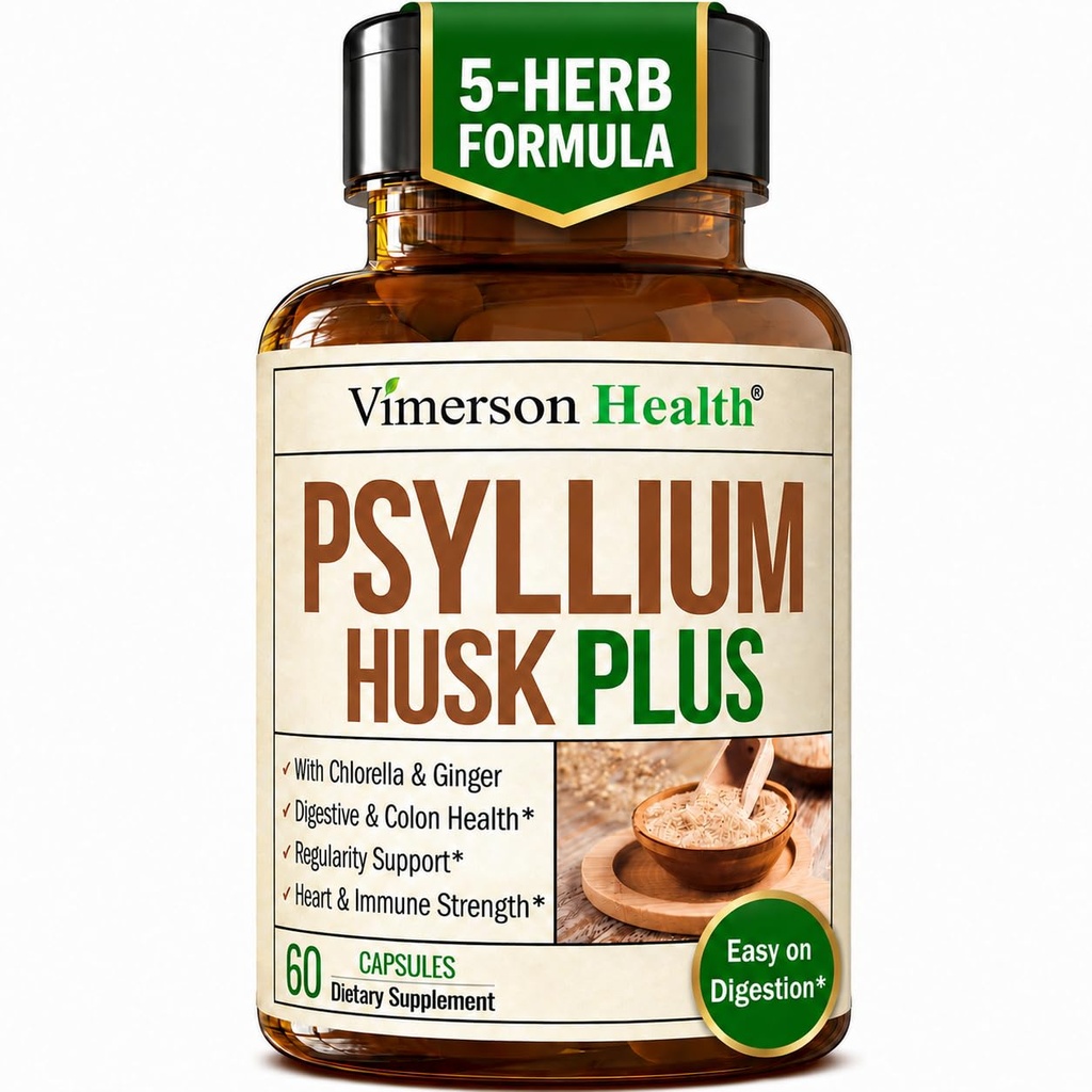 Suplement do włókien z 1080mg proszku pyllium Husk, Slippery Elm dla kobiet i mężczyzn, Ginger Root - High Fiber Pills dla regularności, Digestive & Gut Health - Delikatny na Stomach 60 Pyllium Husk kapsułki