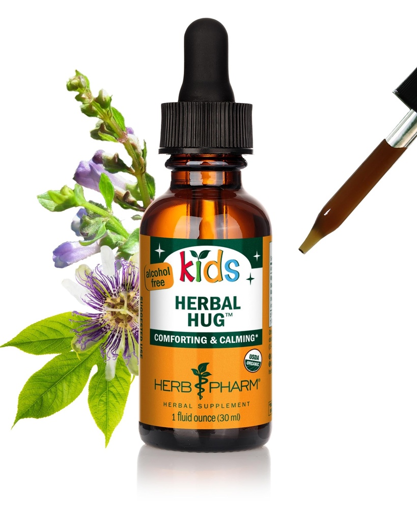 Herb Pharm Organic Kids Herbal Hug: Nerwowy system wsparcia z Skullcap, Passionflower, Mullein & Oat Nasiona 124; Fast- Absorbing & Alkohol-wolne, Kidfriendly Taste, Ekstrakt dla dzieci, 1 oz *