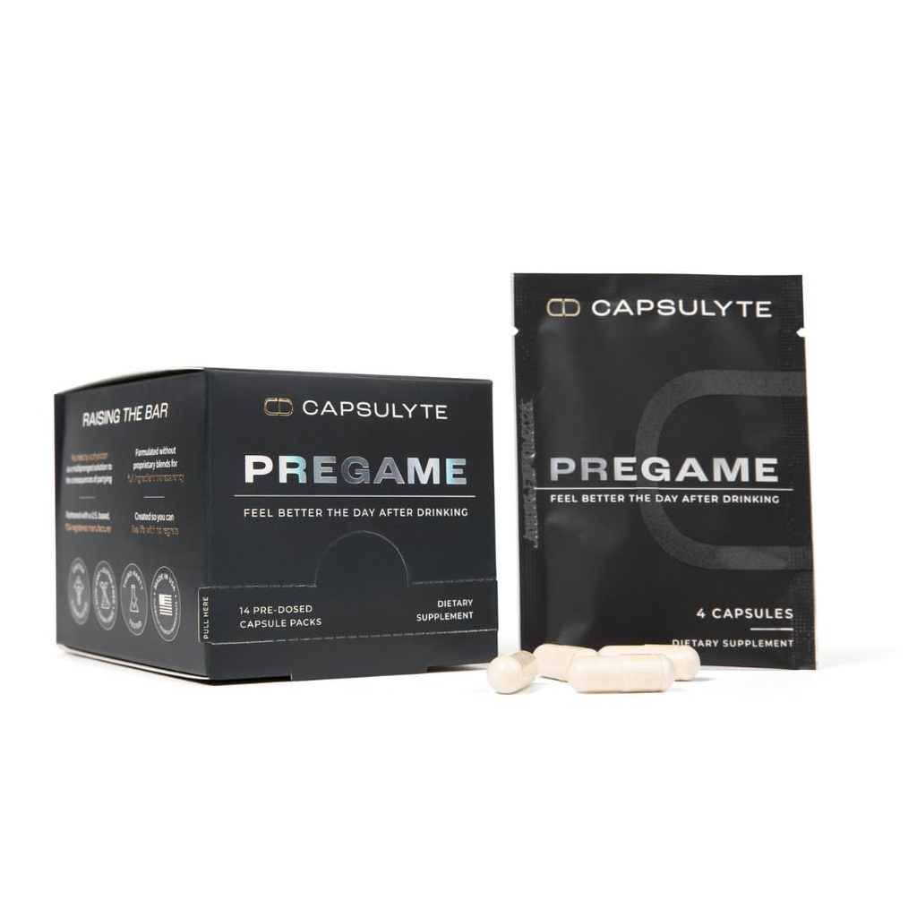 Pregame: 124; Prevent Feeling Awesome After Drinking Equipment 124; Alcohol Aid and Liver Health Equipment 124; Doctor Complicated Equipment 124; DHM, N- Acetyl Cysteine NAC, Milk Thistle Equipment 124; Box of 14 Pakiety (56 kapsułki)