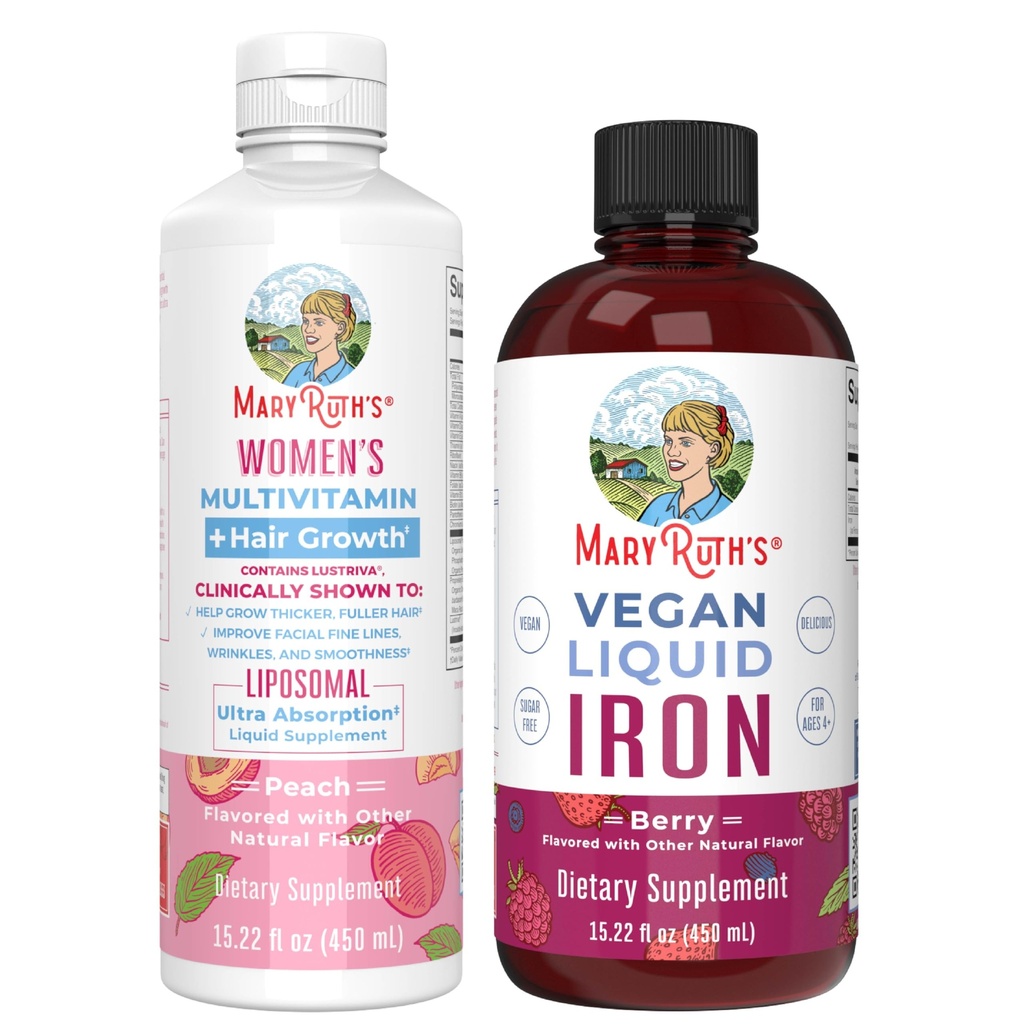 MaryRuth 's Women' s Multivitamin + Liposomal wzrostu włosów (Peach) & Żelazny płyn (Berry) 124; Czysty projekt etykiet zweryfikowany ® Bilans 124; Suplementy dla urody, odporności, & Ogólny stan zdrowia 124; Wegan, Non-GMO, Gluten- Free