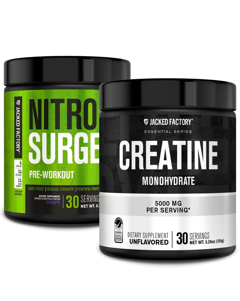 Jacked Factory NITROSURGE PreWorkout Supplement (Grape, 30 Servings) & Proszek jednowodny kreatora (Unflavored, 30 Servings)