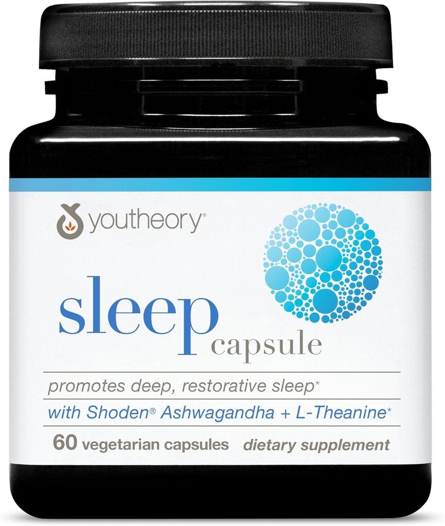 Youtheory Sleep Capsule - Vegan Sleep Supplement Supplement with Passion Flower, Lemon Balm, L- theanine & Ashwagandha * - 60 Vegetarian Capsules