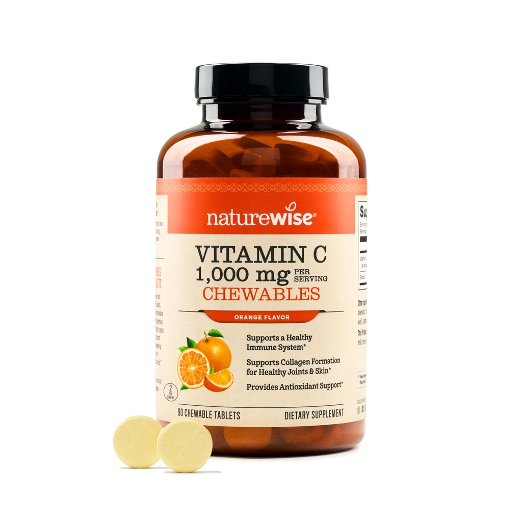 NatureWise Extra Strength Vitamin C Chewable 1000mg for Adults - Natural Orange Flavor - Immune System & Antioxidant Support - Non-GMO, Vegan & Sugar Free - 90 Chewable Tablets[45-Day Supply]