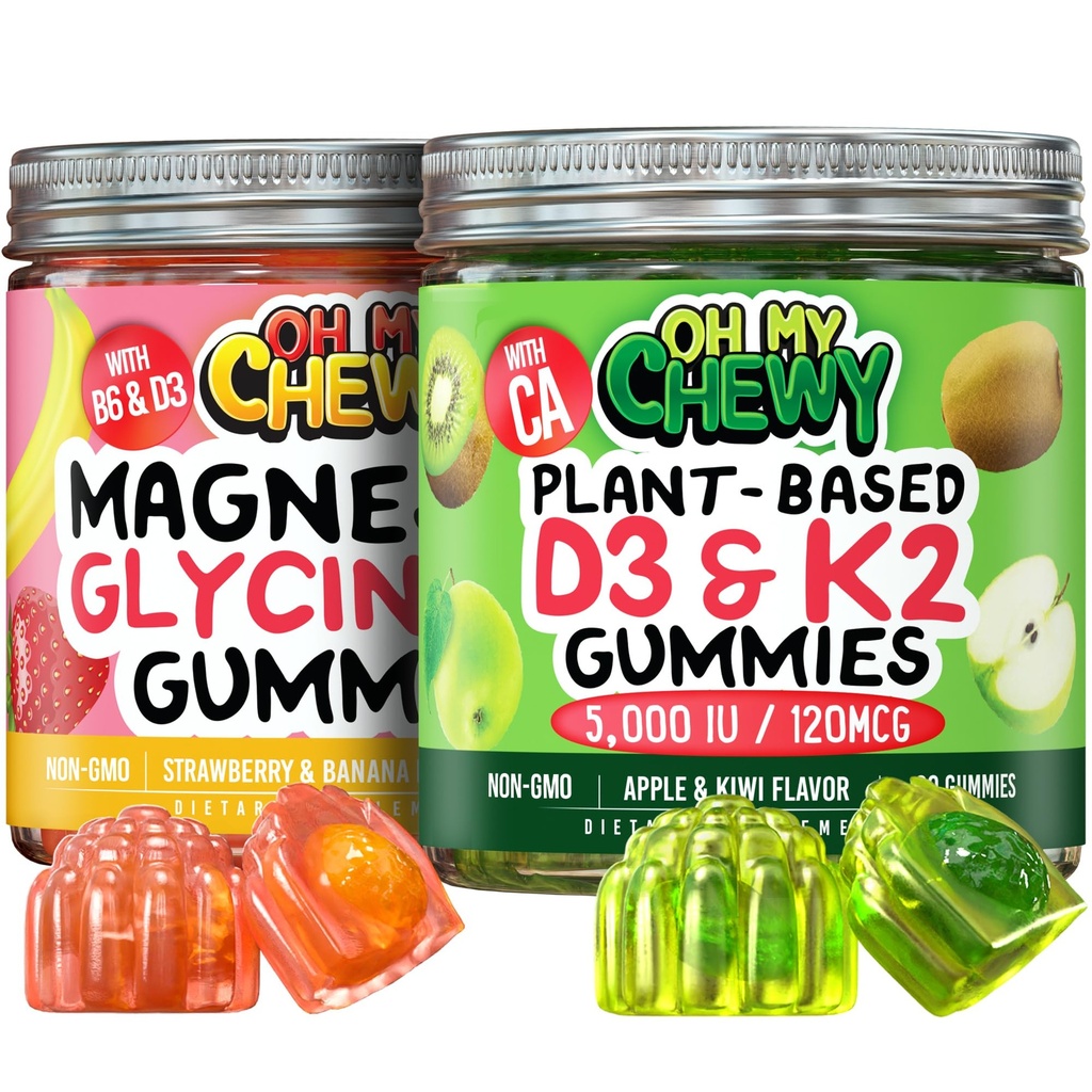 OH MY CHEWY Magnez + D3K2 Gummies Bundle - 2 Butelki (60 Każdy) - Truskawka Banana & Apple Kiwi
