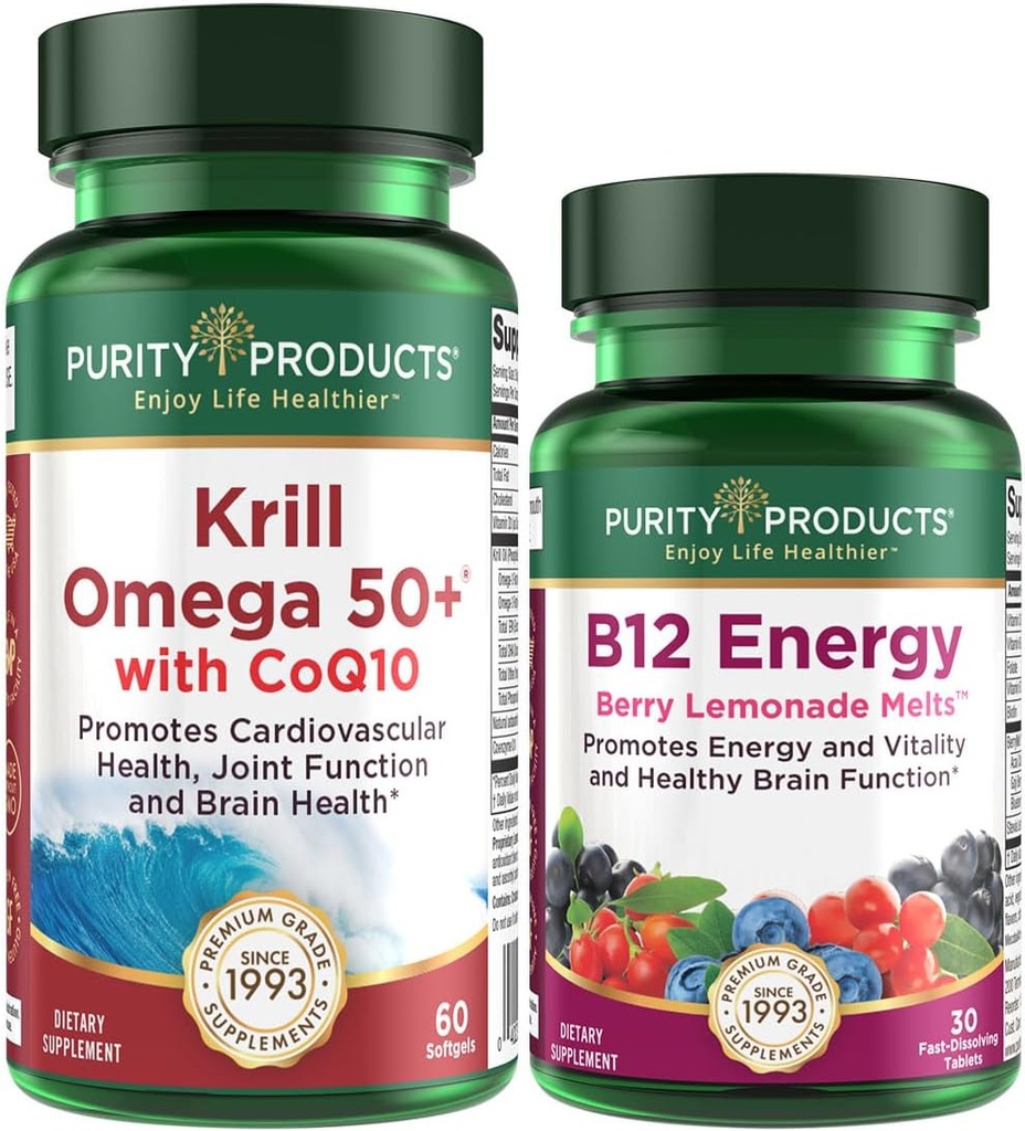 Czystość Zestaw - Kryl Omega 50 + z CoQ10 + B- 12 Roztop energetyczny - Kryl Omega 50 + z CoQ10 (Olej krylowy, olej rybny, CoQ10, Witamina D) B- 12 Roztop Berry (Metylokobalamina B12 + B6 + D3 + Więcej)