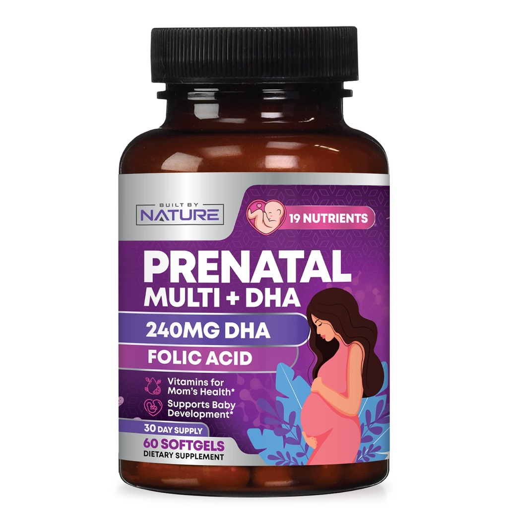 Witaminy prenatalne dla kobiet - Multiwitamina z DHA, Kwas foliowy, Witamina C, B12, Żelazo i Omega-3 - Przed, W trakcie i po ciąży Suplement do zdrowego wzrostu i rozwoju mózgu - 60 Softgels