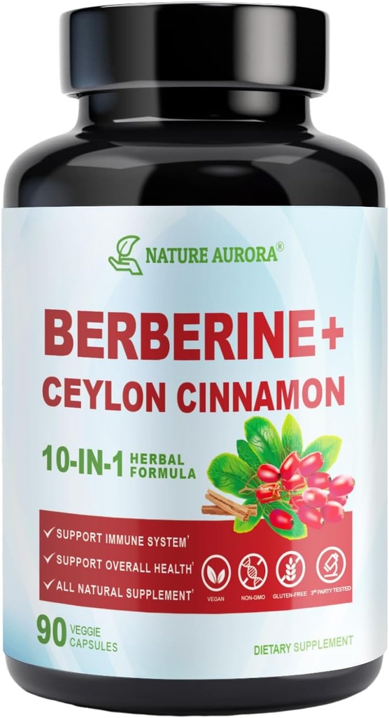 Berberyna Suplement z Ceylon Cynamon i Chrom Pikolinate, 10- in-1 Berberine 1000mg Per Serving, Berberine 5X dla Metabolizm, Serce i Wsparcie immunologiczne (90 Kapsułki)