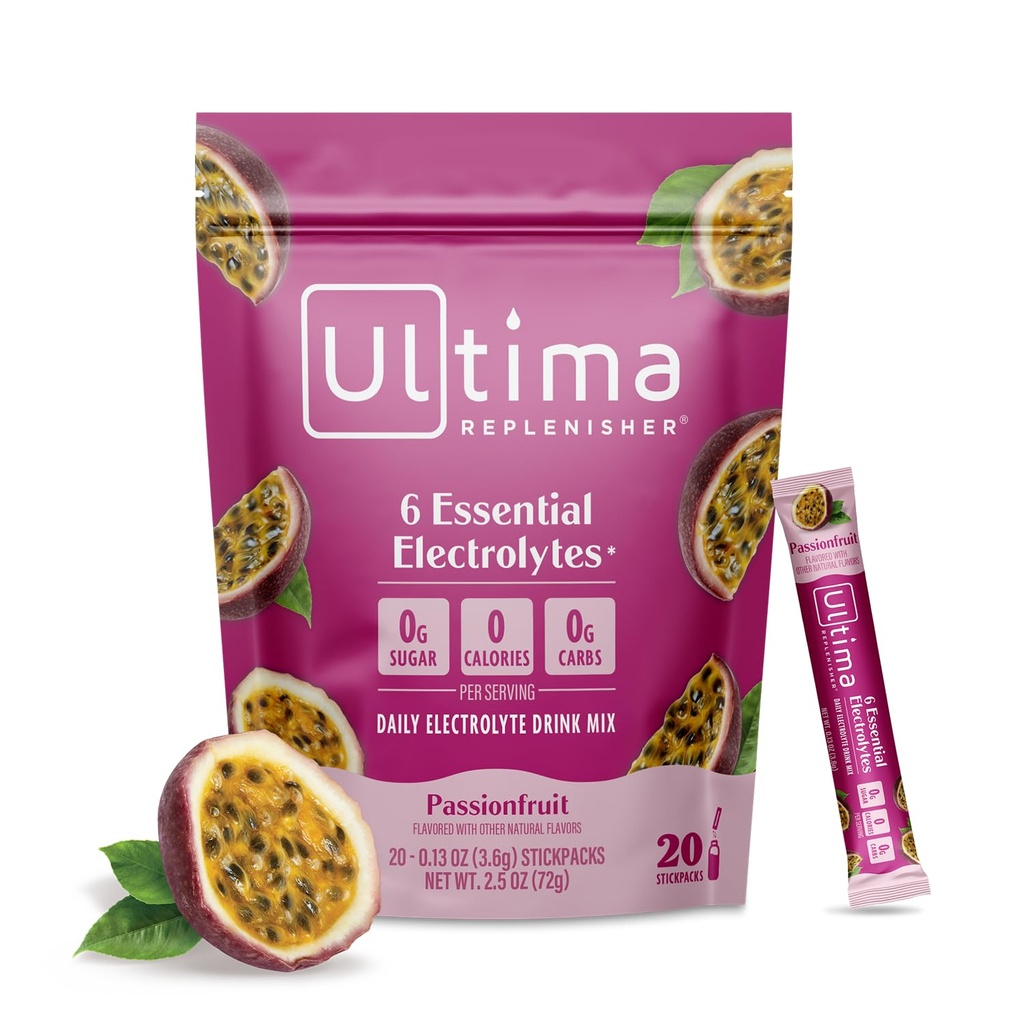 Ultima Replenisher Daily Electrolyte Powder Drink Mix - Sugar Free - Passionfruit, 20 Stickpack - Pakiety nawadniające z 6 Electrolytes and Trace Minerals - Keto Friendly, Non-GMO