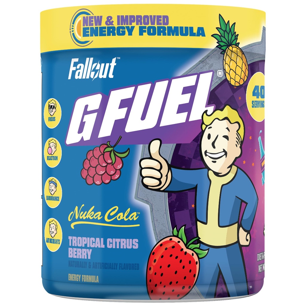 G Paliwo Nuka Cola Energy Powder, Cukier wolny, Czysta kofeina Focus Supplement, Woda Mix, Tropikalny Citrus Berry Flavor, Focus Amino, Witamina + Przeciwutleniacze Mieszanka - 9.8 oz (40 Sług)