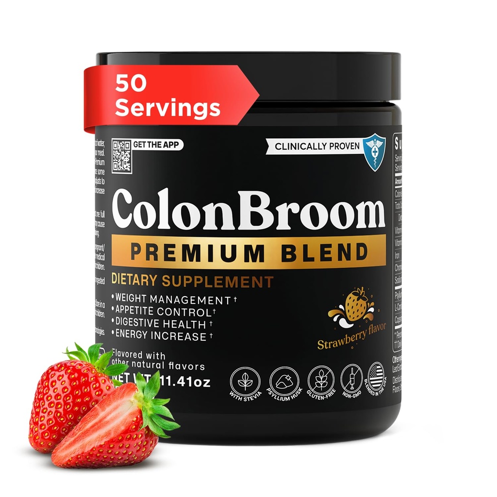 ColonBroom Premium Proszek Suplement (Truskawka) - Colon Broom Pyllium Husk Fiber Proszek Drink - Gluten Free, Non-GMO Colon Cleanse for Bloating Relief & Gut Health, 50 Służenie