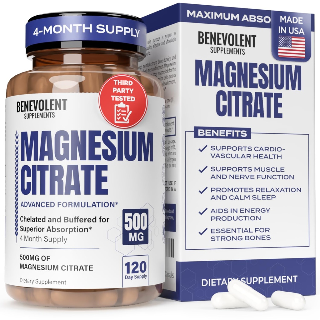 Premium Magnezu Citrate 500 mg Kapsułki (Citrato de Magnesio) Wysoka absorpcja Formuła Chelated Cytrynian buforowany do wsparcia trawienia, kości, snu i zdrowia mięśni - 120 Kapsułki