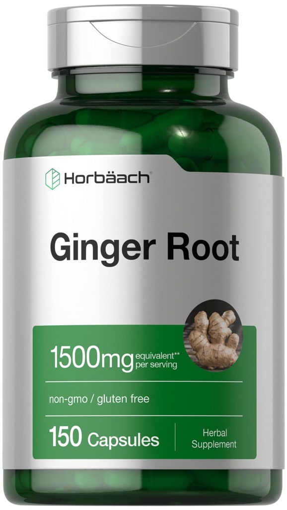 Horbäach Ginger Root Capsules 1500 mg Nether124; 150 tabletek Nether124; Non- GMO, Gluten Free Nether124; Ginger Root Extract