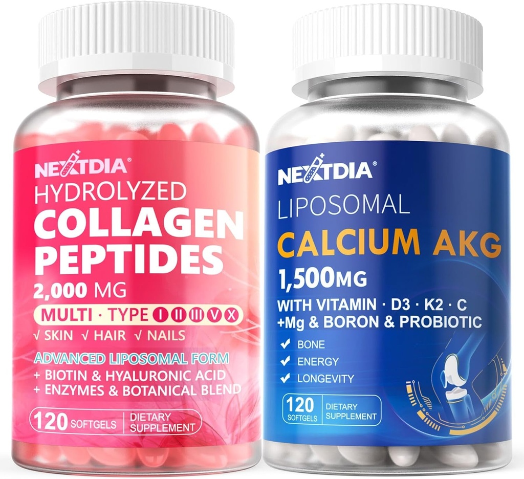 Zhydrolizowany Kolagen Peptydy Pigułki + Liposomal Wapnia AKG Suplement 1500mg