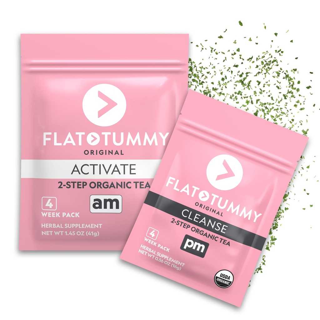Flat Tummy Tea – 2-step, 4 Week Program – Detox Tea to Boost Energy & Reduce Bloating* - All Natural Detox Cleanse w/ Green Tea, Lemon Balm, Dandelion, Fennel, & More - Digestion support