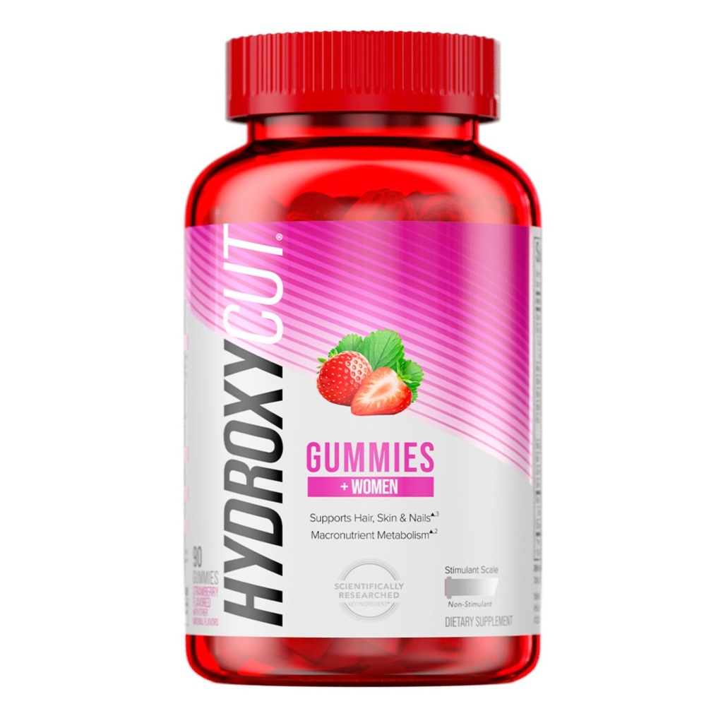 Hydroksycut Gumiaki + Kobiety, Truskawka - 99% Kofeina Free - Włosy, Skóra i paznokcie - węglowodany metabolizujące, białka i tłuszcze